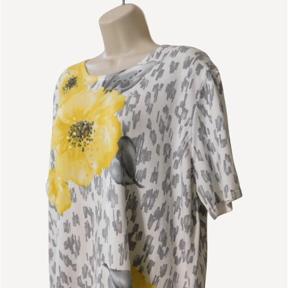 Alfred Dunner Sweater Top XL White Gray Animal Print Yellow Floral Cotton - Picture 3 of 9